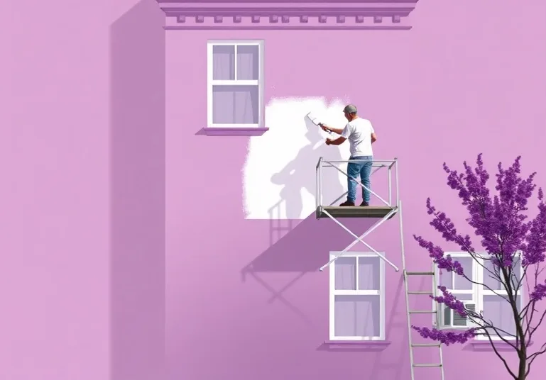 Peintre sur échafaudage traitant la façade d'une maison